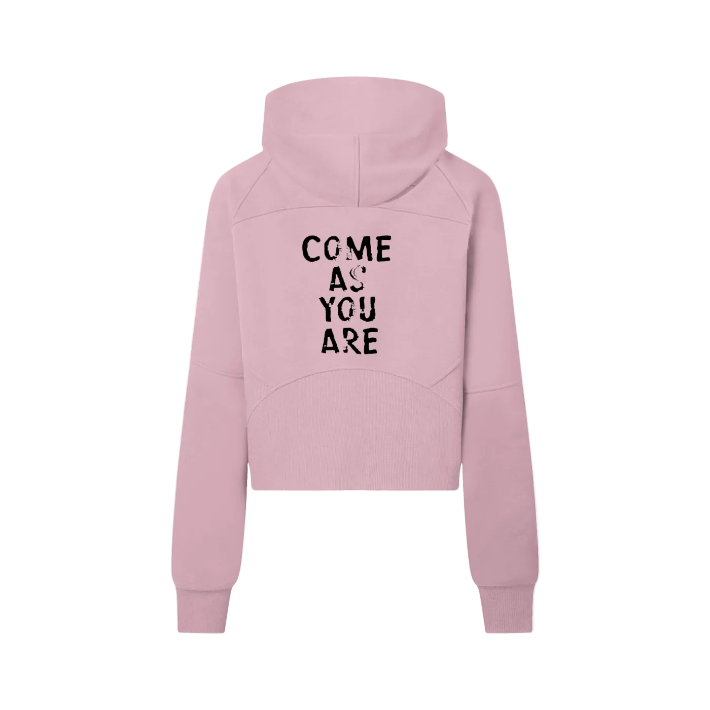 Pink hoodie with 'COME AS YOU ARE' text on the back against a white background