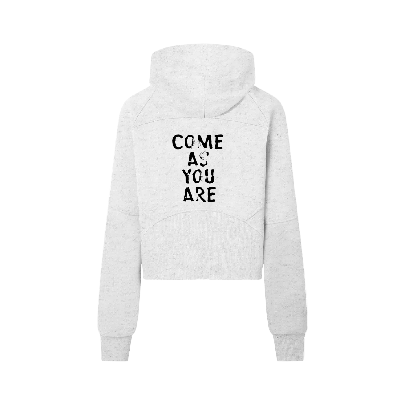 White hoodie with 'COME AS YOU ARE' text on the back against a white background
