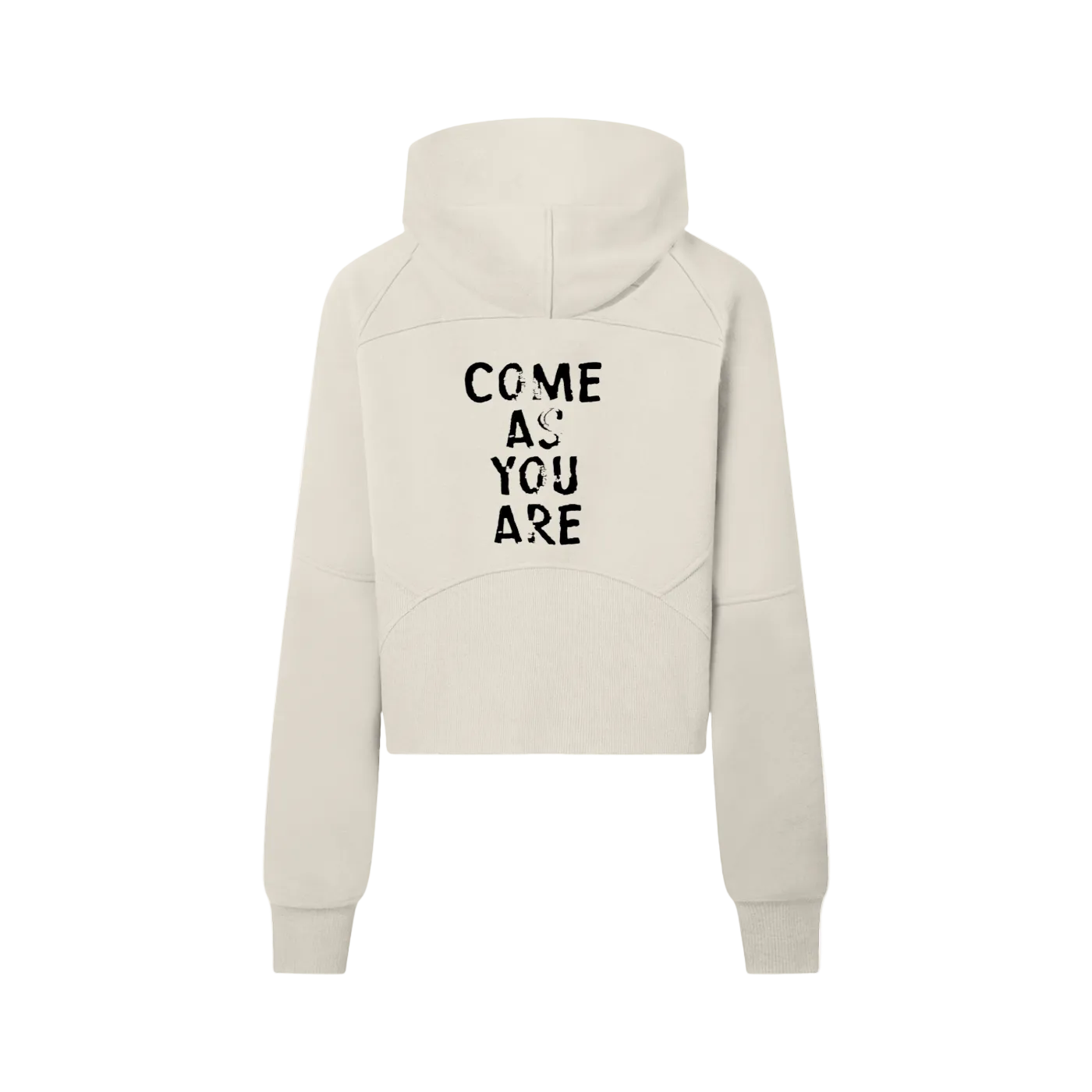 Beige hoodie with 'COME AS YOU ARE' text on a white background