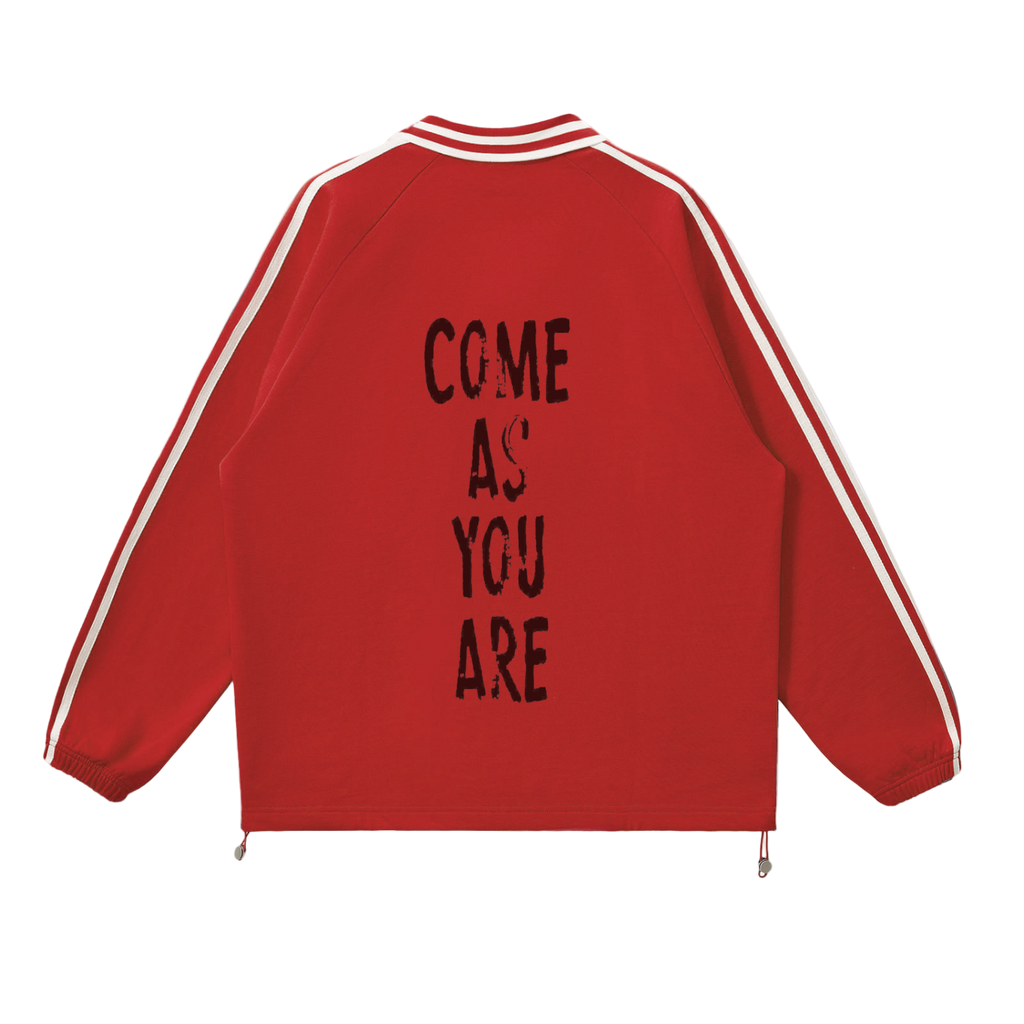 Red jacket with 'COME AS YOU ARE' text on the back against a white background