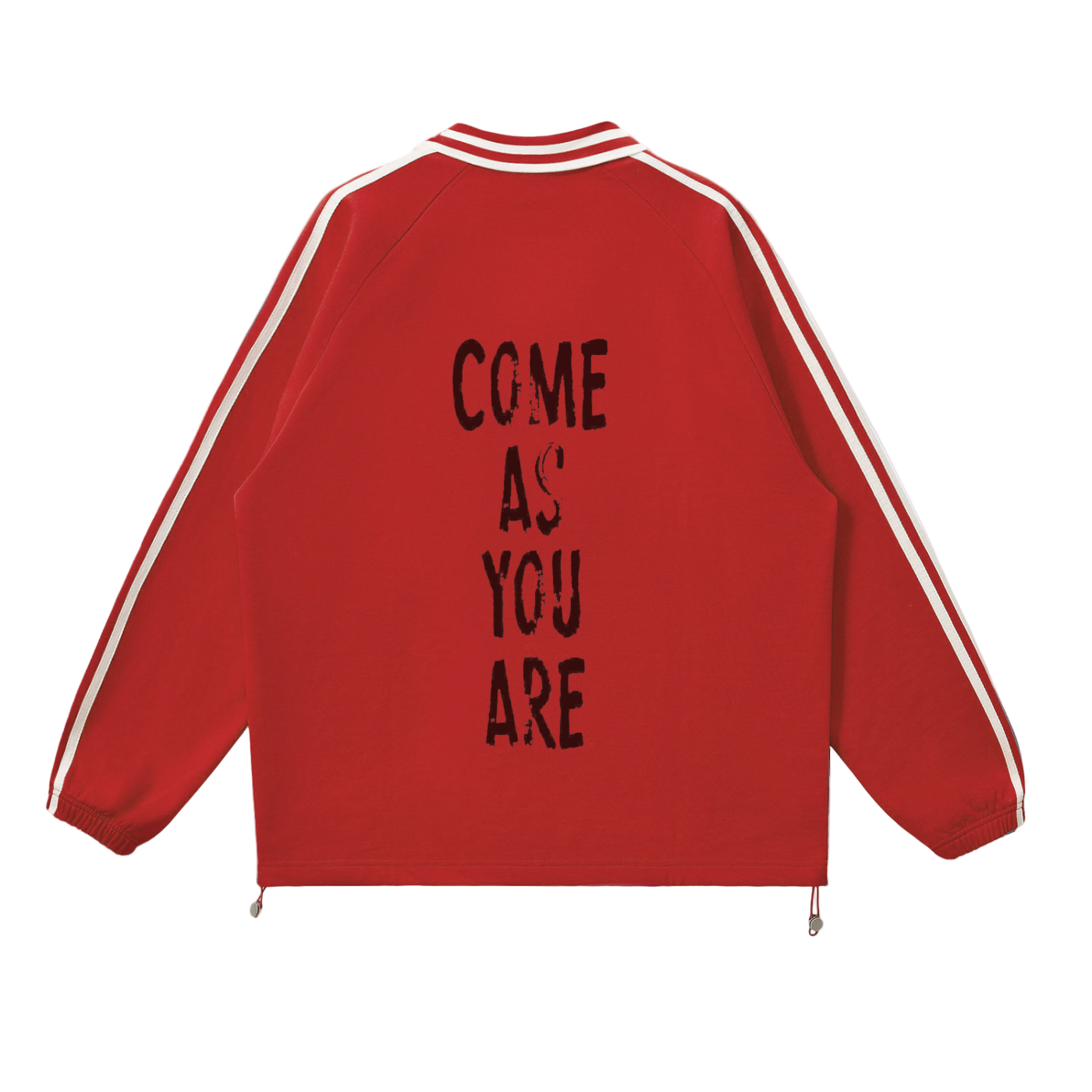 Red jacket with 'COME AS YOU ARE' text on the back against a white background