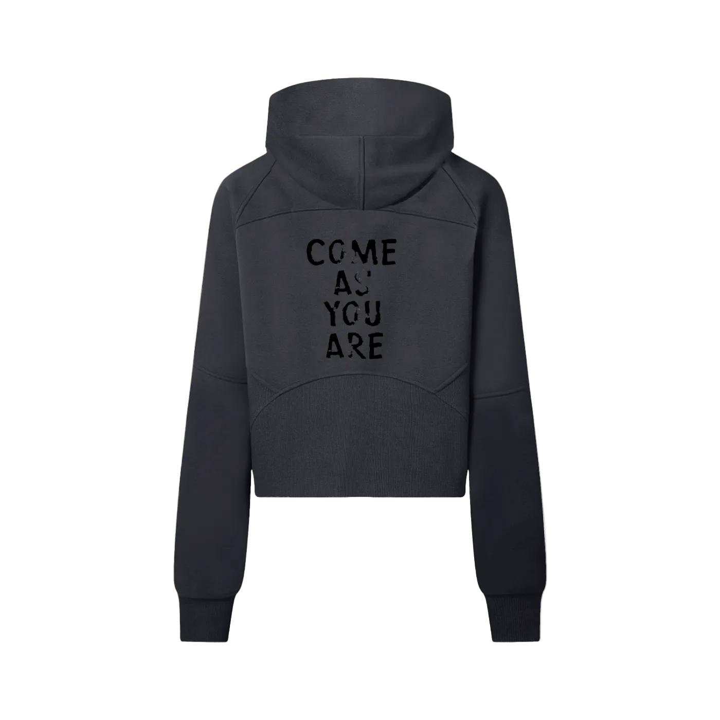 Black hoodie with 'COME AS YOU ARE' text on the back against a white background