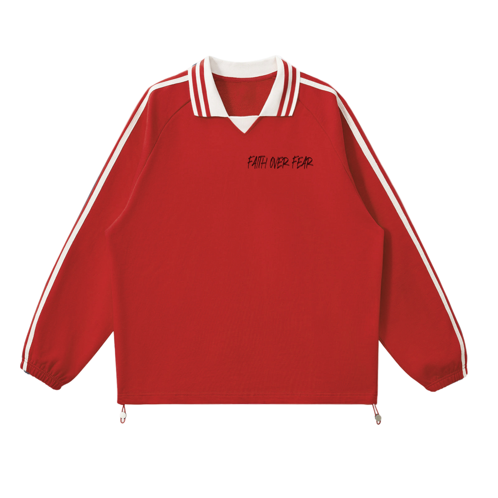 Red sweatshirt with white stripes and 'Faith Over Fear' text on a white background