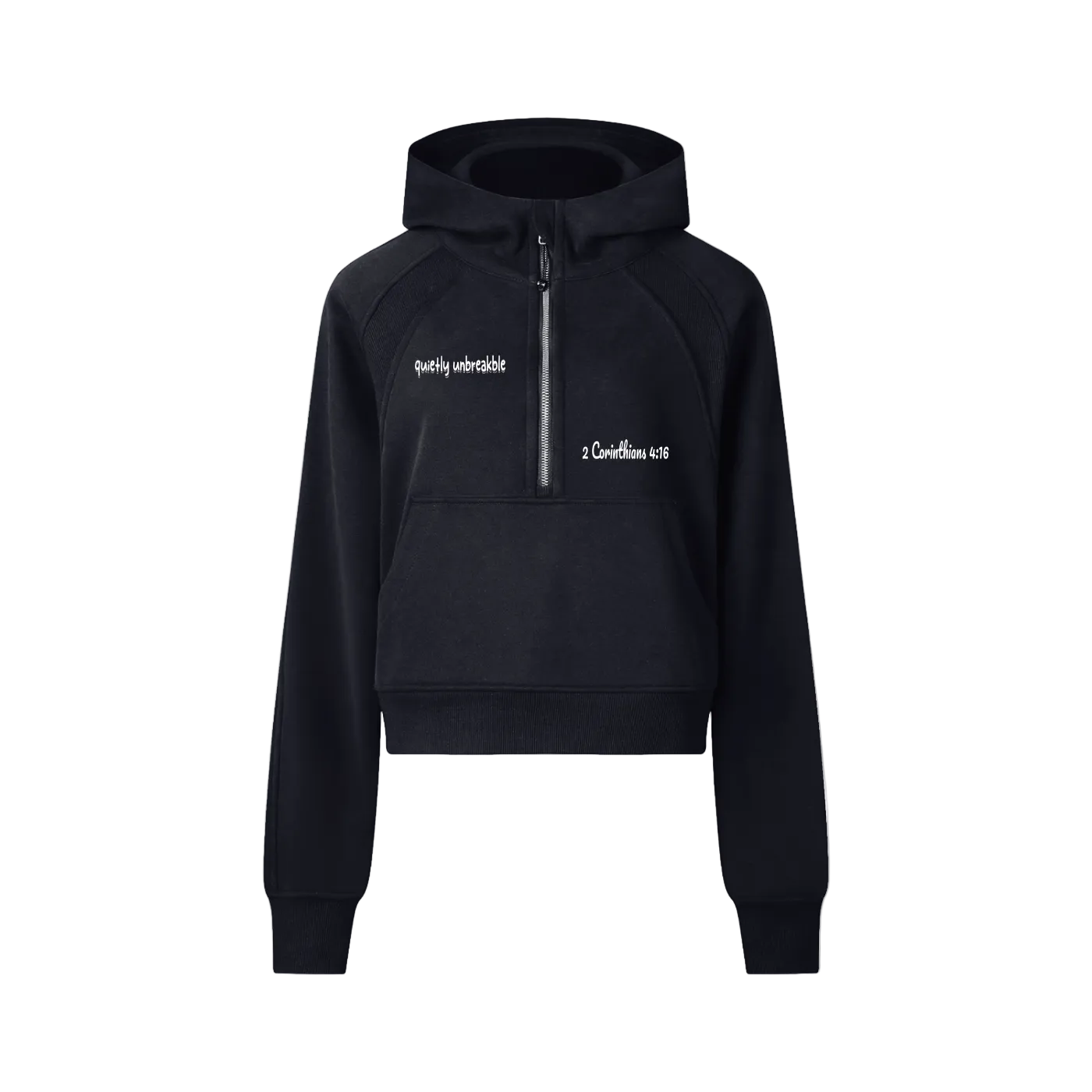 Black hoodie with text on a white background