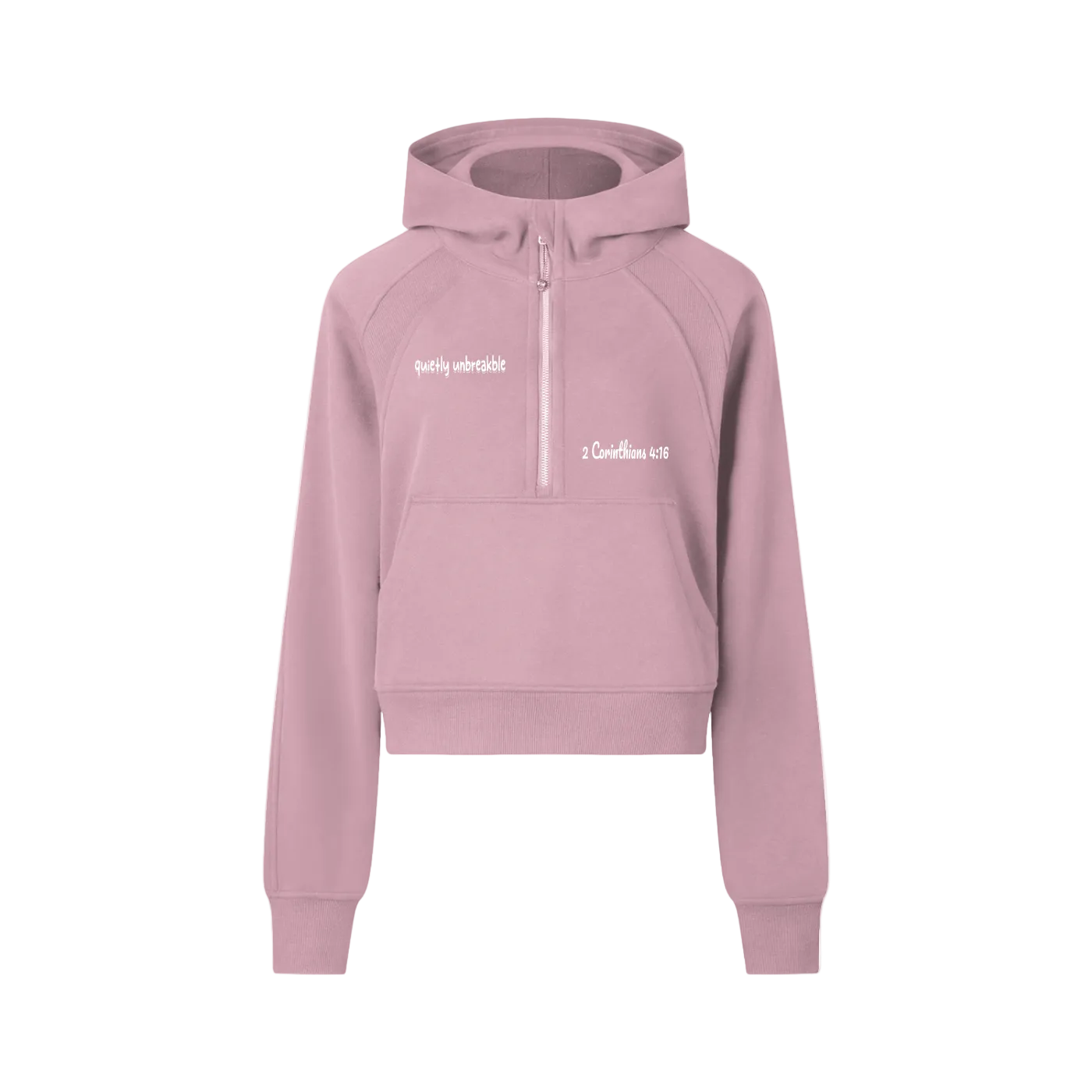 Pink hoodie with white text on a white background