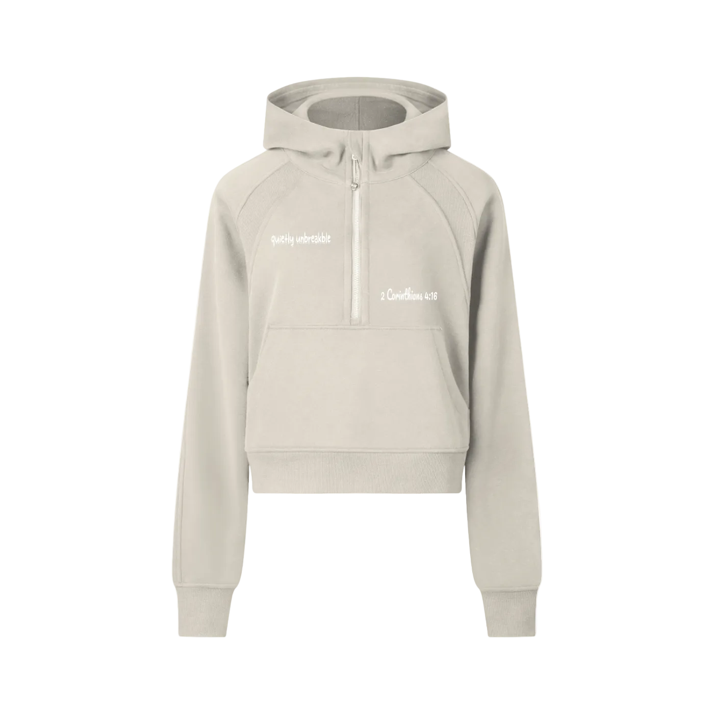 Beige hoodie with brand logos on a white background